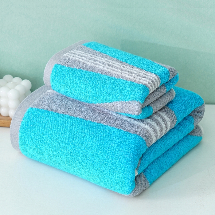 91家纺网 家纺一手货源 找家纺 朴尔家纺-毛巾被 2026新款纯棉32股运动风男士色织条纹笑脸加厚毛巾浴巾组合 毛巾+浴巾-运动条纹系-蓝 毛巾+浴巾