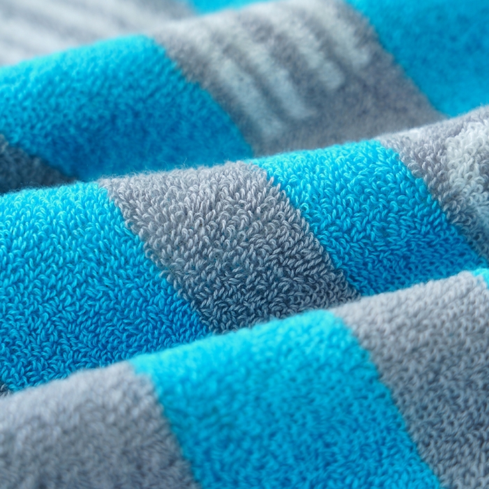 91家纺网 家纺一手货源 找家纺 朴尔家纺-毛巾被 2026新款纯棉32股运动风男士色织条纹笑脸加厚毛巾浴巾组合 毛巾-运动条纹系-蓝 浴巾70x140cm/条