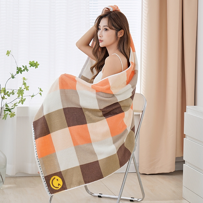 91家纺网 家纺一手货源 找家纺 朴尔家纺-毛巾被 2026新款纯棉32股运动风男士色织条纹笑脸加厚毛巾浴巾组合 浴巾-笑脸系-橘 浴巾70x140cm/条