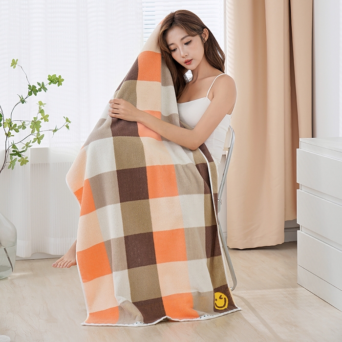 91家纺网 家纺一手货源 找家纺 朴尔家纺-毛巾被 2026新款纯棉32股运动风男士色织条纹笑脸加厚毛巾浴巾组合 浴巾-笑脸系-橘 毛巾35x75cm/条