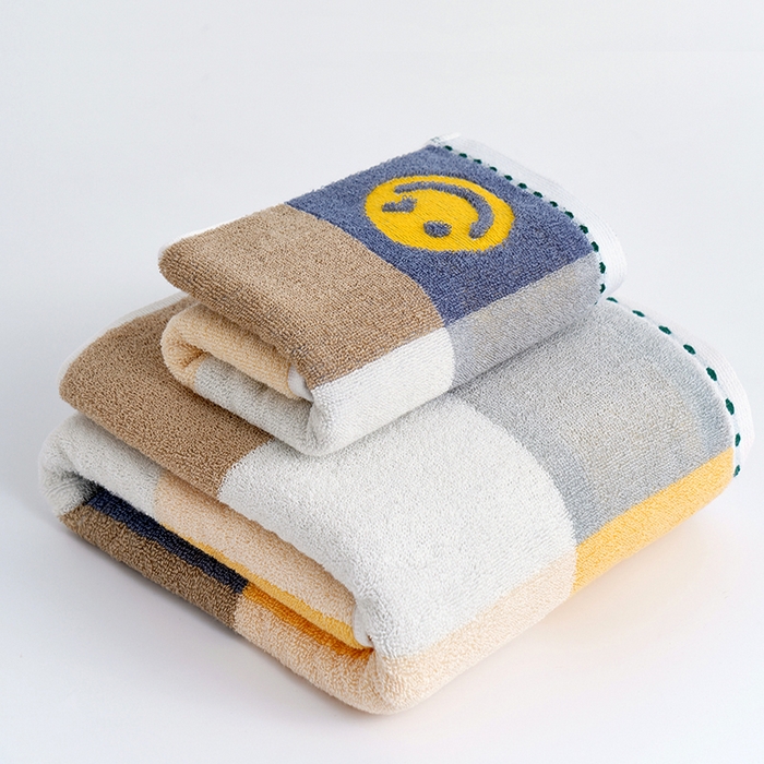 91家纺网 家纺一手货源 找家纺 朴尔家纺-毛巾被 2026新款纯棉32股运动风男士色织条纹笑脸加厚毛巾浴巾组合 毛巾+浴巾-笑脸系-蓝 毛巾35x75cm/条