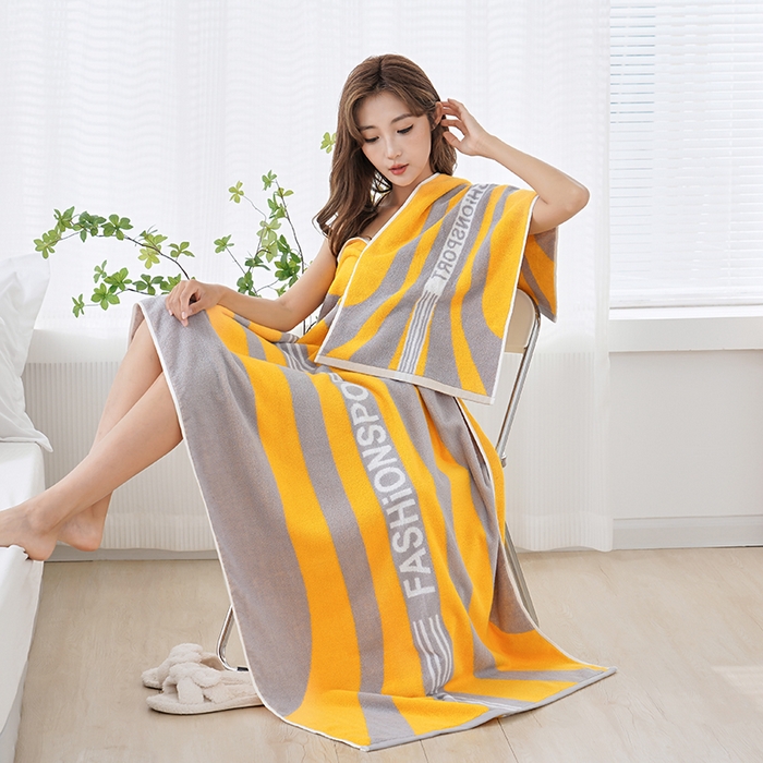 91家纺网 家纺一手货源 找家纺 朴尔家纺-毛巾被 2026新款纯棉32股运动风男士色织条纹笑脸加厚毛巾浴巾组合 浴巾-运动条纹系-黄 毛巾+浴巾