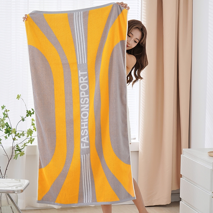 91家纺网 家纺一手货源 找家纺 朴尔家纺-毛巾被 2026新款纯棉32股运动风男士色织条纹笑脸加厚毛巾浴巾组合 浴巾-运动条纹系-黄 浴巾70x140cm/条