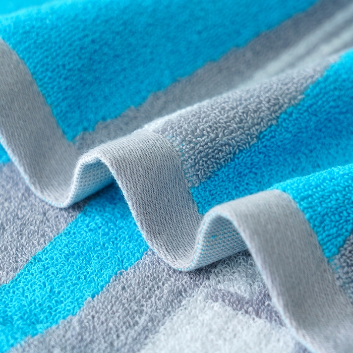 91家纺网 家纺一手货源 找家纺 朴尔家纺-毛巾被 2026新款纯棉32股运动风男士色织条纹笑脸加厚毛巾浴巾组合 毛巾-运动条纹系-蓝 浴巾70x140cm/条