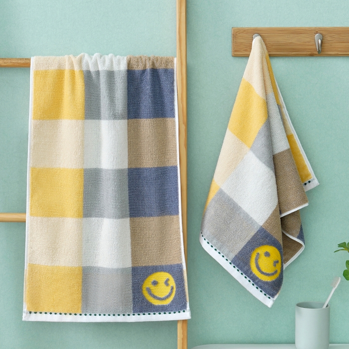 91家纺网 家纺一手货源 找家纺 朴尔家纺-毛巾被 2026新款纯棉32股运动风男士色织条纹笑脸加厚毛巾浴巾组合 毛巾-笑脸系-蓝 毛巾35x75cm/条