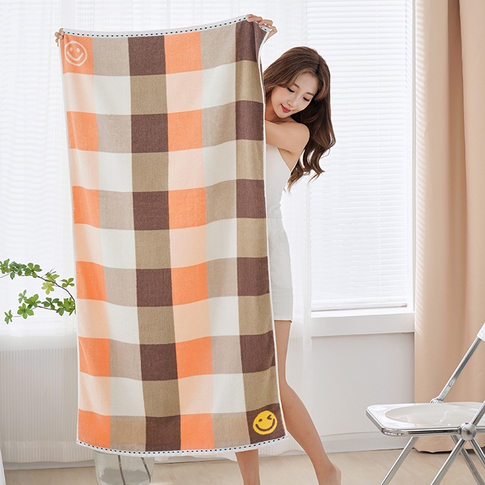 91家纺网 家纺一手货源 找家纺 朴尔家纺-毛巾被 2026新款纯棉32股运动风男士色织条纹笑脸加厚毛巾浴巾组合 浴巾-笑脸系-橘 毛巾35x75cm/条