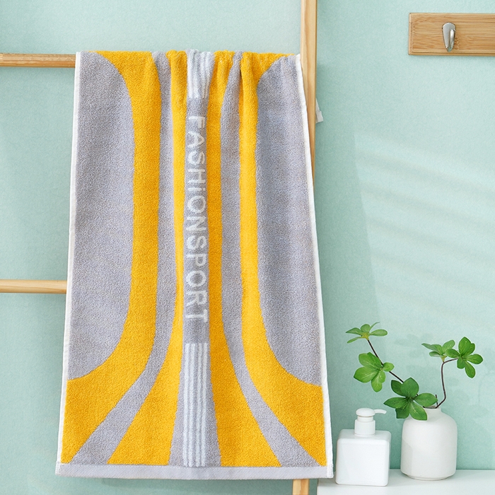 91家纺网 家纺一手货源 找家纺 朴尔家纺-毛巾被 2026新款纯棉32股运动风男士色织条纹笑脸加厚毛巾浴巾组合 浴巾-运动条纹系-黄 毛巾+浴巾