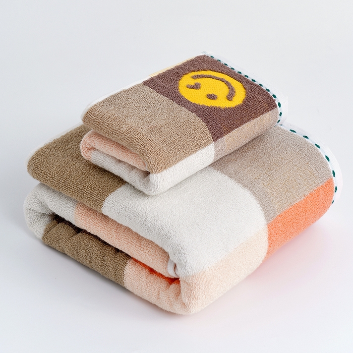 91家纺网 家纺一手货源 找家纺 朴尔家纺-毛巾被 2026新款纯棉32股运动风男士色织条纹笑脸加厚毛巾浴巾组合 毛巾+浴巾-笑脸系-橘 毛巾35x75cm/条