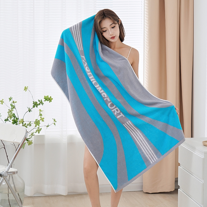 91家纺网 家纺一手货源 找家纺 朴尔家纺-毛巾被 2026新款纯棉32股运动风男士色织条纹笑脸加厚毛巾浴巾组合 浴巾-运动条纹系-蓝 毛巾35x75cm/条