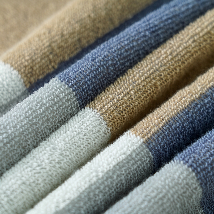 91家纺网 家纺一手货源 找家纺 朴尔家纺-毛巾被 2026新款纯棉32股运动风男士色织条纹笑脸加厚毛巾浴巾组合 毛巾-笑脸系-蓝 毛巾+浴巾