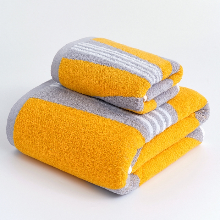 91家纺网 家纺一手货源 找家纺 朴尔家纺-毛巾被 2026新款纯棉32股运动风男士色织条纹笑脸加厚毛巾浴巾组合 毛巾-运动条纹系-黄 浴巾70x140cm/条