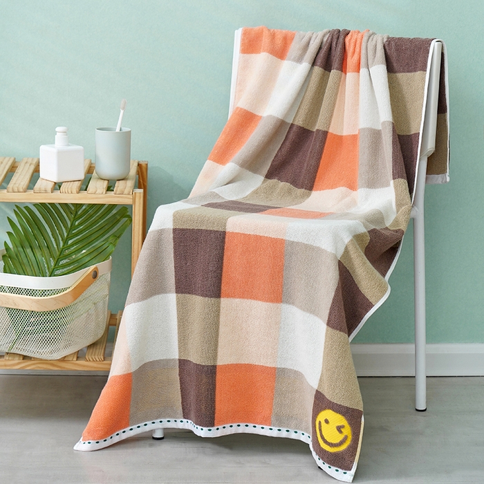 91家纺网 家纺一手货源 找家纺 朴尔家纺-毛巾被 2026新款纯棉32股运动风男士色织条纹笑脸加厚毛巾浴巾组合 浴巾-笑脸系-橘 毛巾35x75cm/条
