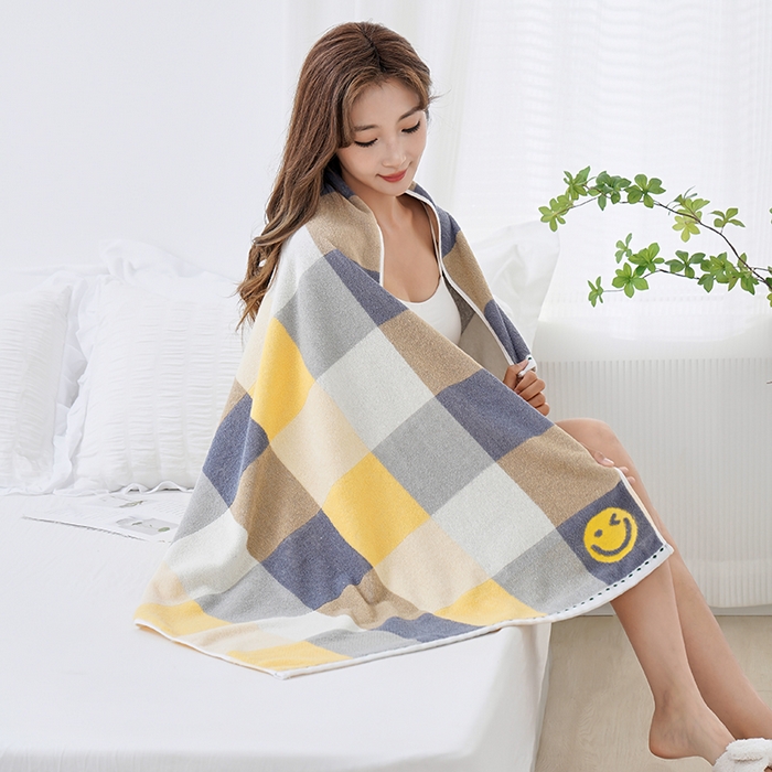 91家纺网 家纺一手货源 找家纺 朴尔家纺-毛巾被 2026新款纯棉32股运动风男士色织条纹笑脸加厚毛巾浴巾组合 浴巾-笑脸系-蓝 毛巾35x75cm/条