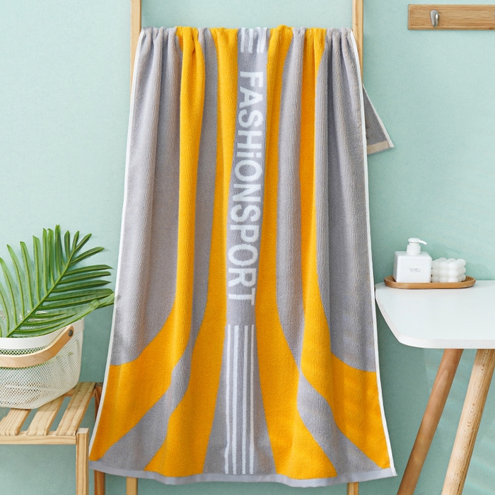 91家纺网 家纺一手货源 找家纺 朴尔家纺-毛巾被 2026新款纯棉32股运动风男士色织条纹笑脸加厚毛巾浴巾组合 浴巾-运动条纹系-黄 毛巾35x75cm/条