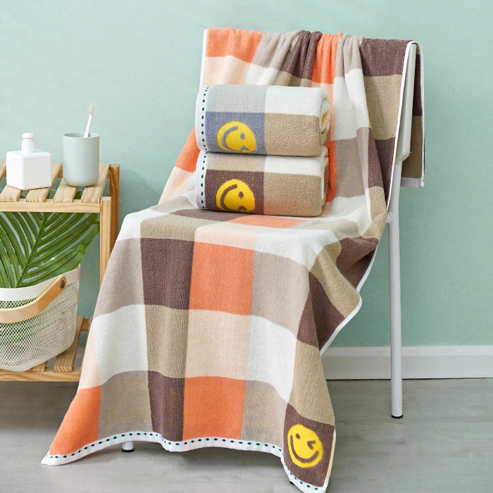 91家纺网 家纺一手货源 找家纺 朴尔家纺-毛巾被 2026新款纯棉32股运动风男士色织条纹笑脸加厚毛巾浴巾组合 毛巾-笑脸系-橘 毛巾+浴巾