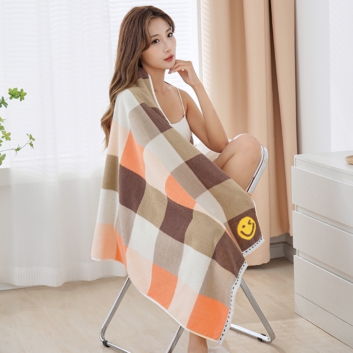 91家纺网 家纺一手货源 找家纺 朴尔家纺-毛巾被 2026新款纯棉32股运动风男士色织条纹笑脸加厚毛巾浴巾组合 浴巾-笑脸系-橘 毛巾+浴巾