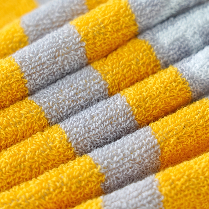 91家纺网 家纺一手货源 找家纺 朴尔家纺-毛巾被 2026新款纯棉32股运动风男士色织条纹笑脸加厚毛巾浴巾组合 毛巾-运动条纹系-黄 浴巾70x140cm/条