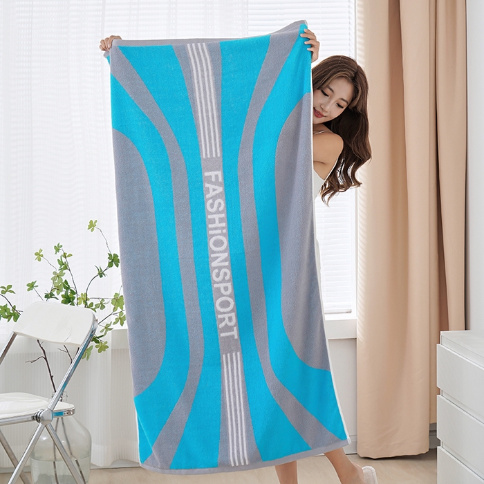 91家纺网 家纺一手货源 找家纺 朴尔家纺-毛巾被 2026新款纯棉32股运动风男士色织条纹笑脸加厚毛巾浴巾组合 浴巾-运动条纹系-蓝 浴巾70x140cm/条