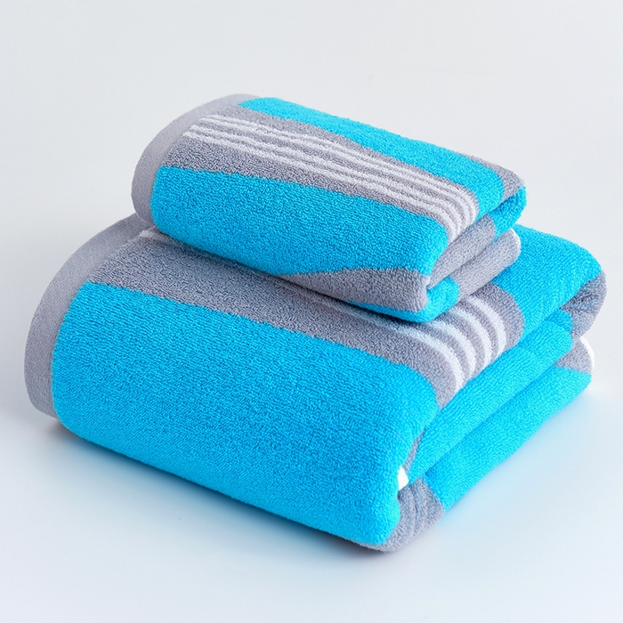 91家纺网 家纺一手货源 找家纺 朴尔家纺-毛巾被 2026新款纯棉32股运动风男士色织条纹笑脸加厚毛巾浴巾组合 毛巾+浴巾-运动条纹系-蓝 毛巾+浴巾
