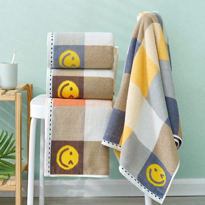 91家纺网 家纺一手货源 找家纺 朴尔家纺-毛巾被 2026新款纯棉32股运动风男士色织条纹笑脸加厚毛巾浴巾组合 组合图仅供展示 毛巾+浴巾