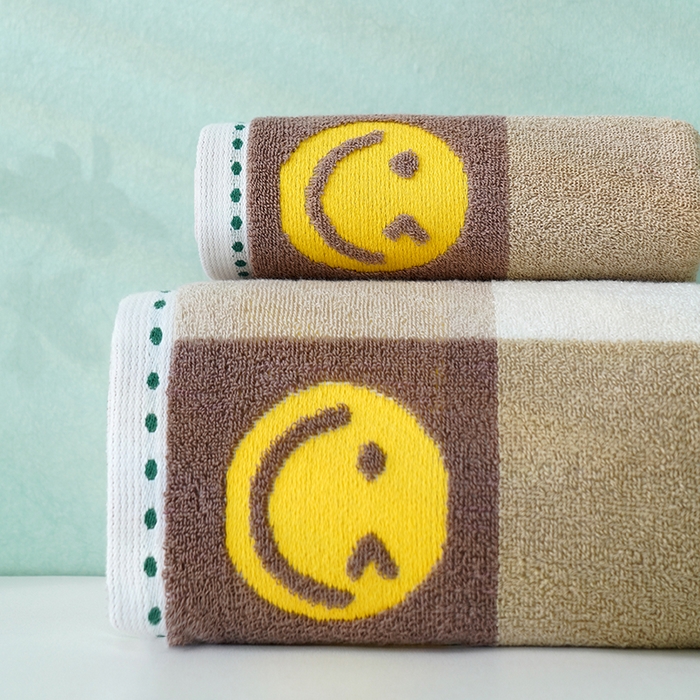 91家纺网 家纺一手货源 找家纺 朴尔家纺-毛巾被 2026新款纯棉32股运动风男士色织条纹笑脸加厚毛巾浴巾组合 毛巾-笑脸系-橘 浴巾70x140cm/条