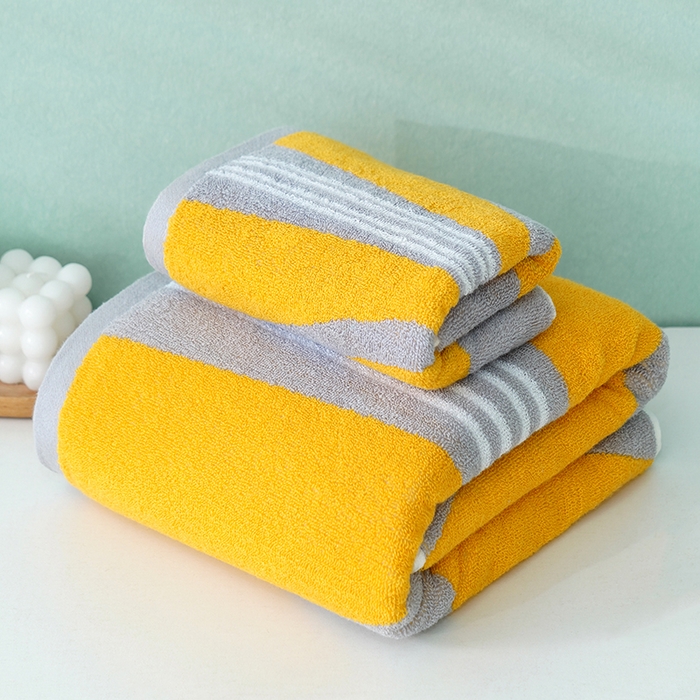 朴尔家纺-毛巾被 2026新款纯棉32股运动风男士色织条纹笑脸加厚毛巾浴巾组合 毛巾+浴巾-运动条纹系-黄 浴巾70x140cm/条