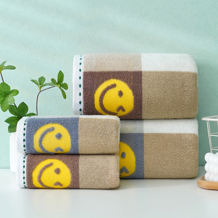 91家纺网 家纺一手货源 找家纺 朴尔家纺-毛巾被 2026新款纯棉32股运动风男士色织条纹笑脸加厚毛巾浴巾组合 组合图仅供展示 毛巾+浴巾
