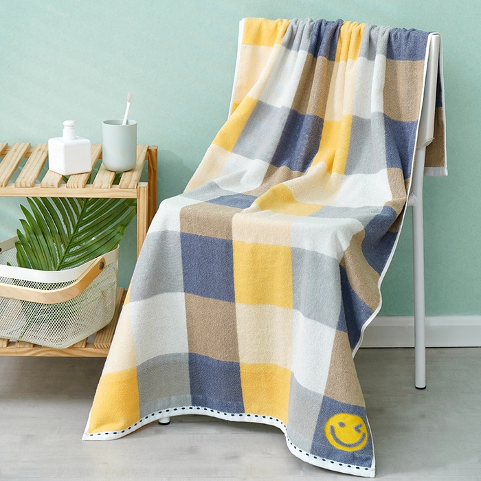 91家纺网 家纺一手货源 找家纺 朴尔家纺-毛巾被 2026新款纯棉32股运动风男士色织条纹笑脸加厚毛巾浴巾组合 组合图仅供展示 毛巾35x75cm/条