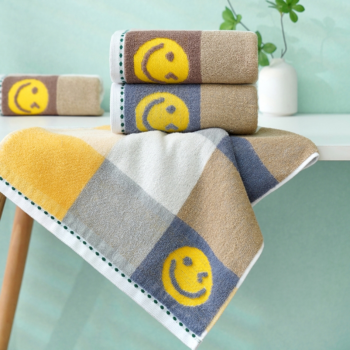 91家纺网 家纺一手货源 找家纺 朴尔家纺-毛巾被 2026新款纯棉32股运动风男士色织条纹笑脸加厚毛巾浴巾组合 组合图仅供展示 毛巾35x75cm/条