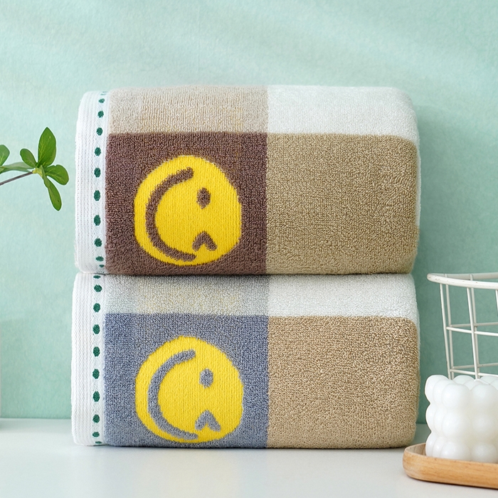 91家纺网 家纺一手货源 找家纺 朴尔家纺-毛巾被 2026新款纯棉32股运动风男士色织条纹笑脸加厚毛巾浴巾组合 组合图仅供展示 毛巾35x75cm/条