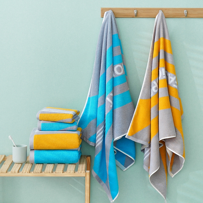 91家纺网 家纺一手货源 找家纺 朴尔家纺-毛巾被 2026新款纯棉32股运动风男士色织条纹笑脸加厚毛巾浴巾组合 组合图仅供展示 浴巾70x140cm/条