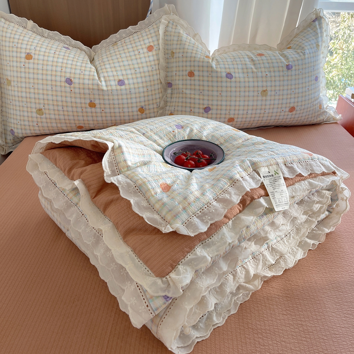 宝士康家纺 2026新款10A抗菌提花色织花边单夏被/夏被四件套/空调被 南瓜格