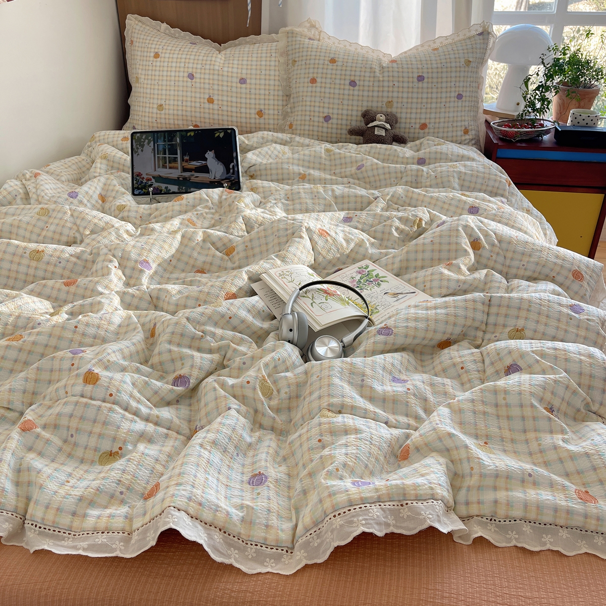 91家纺网 家纺一手货源 找家纺 宝士康家纺 2026新款10A抗菌提花色织花边单夏被/夏被四件套/空调被 南瓜格