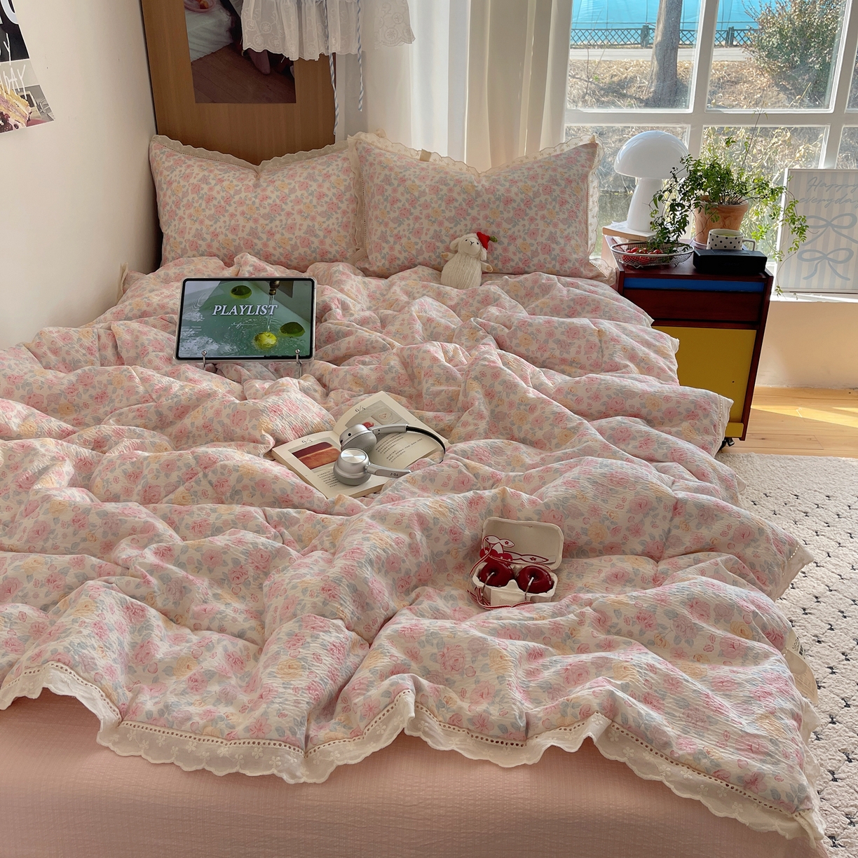 91家纺网 家纺一手货源 找家纺 宝士康家纺 2026新款10A抗菌提花色织花边单夏被/夏被四件套/空调被 粉黛蔷薇