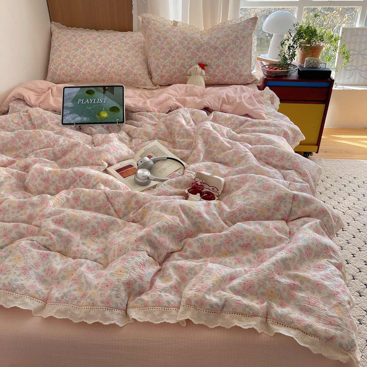 91家纺网 家纺一手货源 找家纺 宝士康家纺 2026新款10A抗菌提花色织花边单夏被/夏被四件套/空调被 粉黛蔷薇