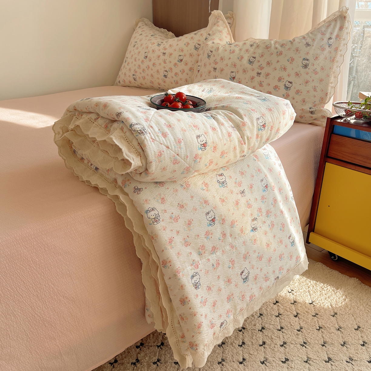 91家纺网 家纺一手货源 找家纺 宝士康家纺 2026新款10A抗菌提花色织花边单夏被/夏被四件套/空调被 花样KT