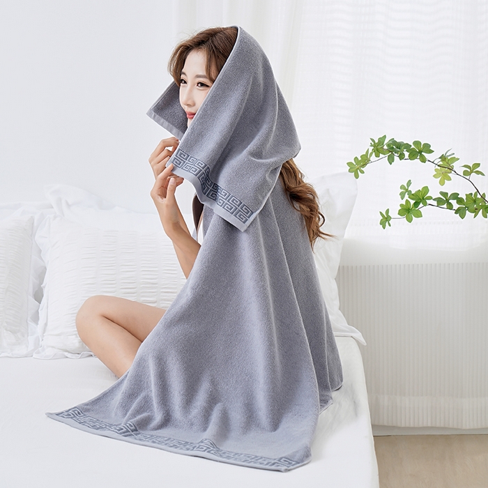 91家纺网 家纺一手货源 找家纺 朴尔家纺-毛巾被 2026新款全棉纯棉32股民族风长城格加厚毛巾浴巾方巾三件套组合 浴巾-长城格-灰色 毛巾35x75cm/条