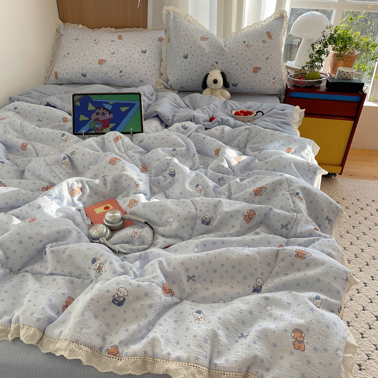 91家纺网 家纺一手货源 找家纺 宝士康家纺 2026新款10A抗菌提花色织花边单夏被/夏被四件套/空调被 蓝星狗