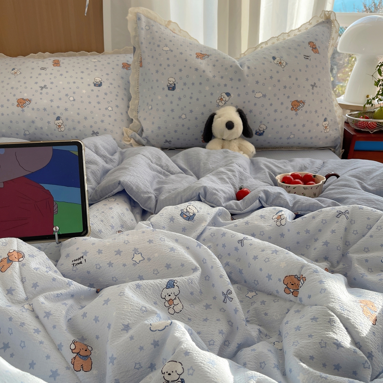 91家纺网 家纺一手货源 找家纺 宝士康家纺 2026新款10A抗菌提花色织花边单夏被/夏被四件套/空调被 蓝星狗