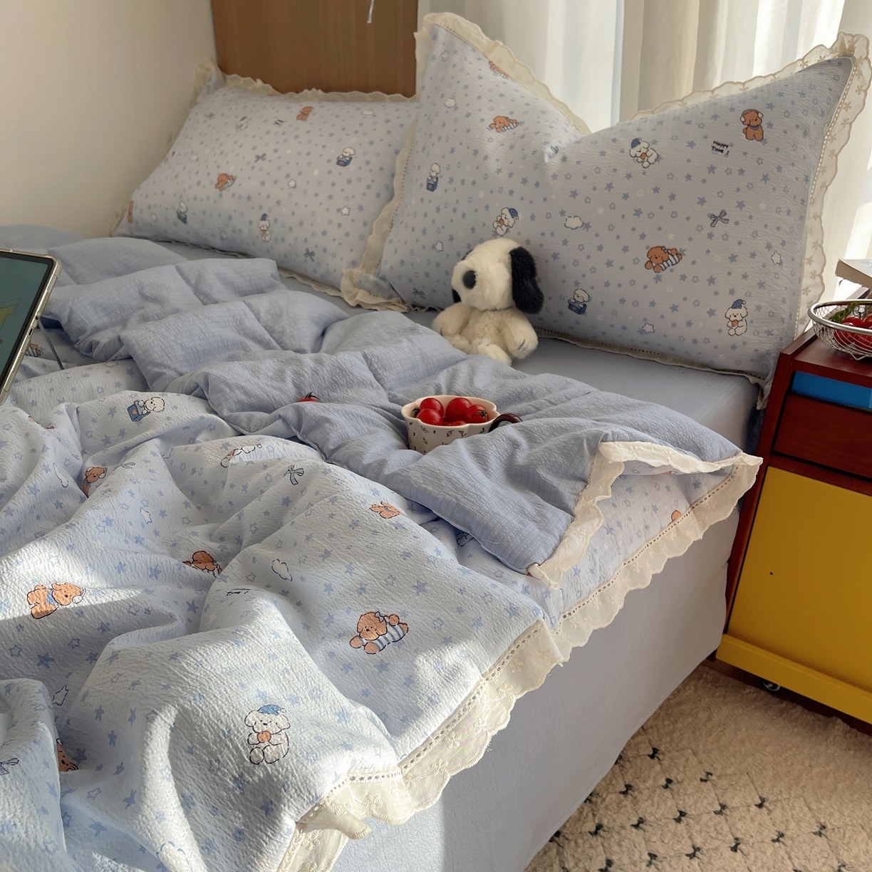 91家纺网 家纺一手货源 找家纺 宝士康家纺 2026新款10A抗菌提花色织花边单夏被/夏被四件套/空调被 蓝星狗