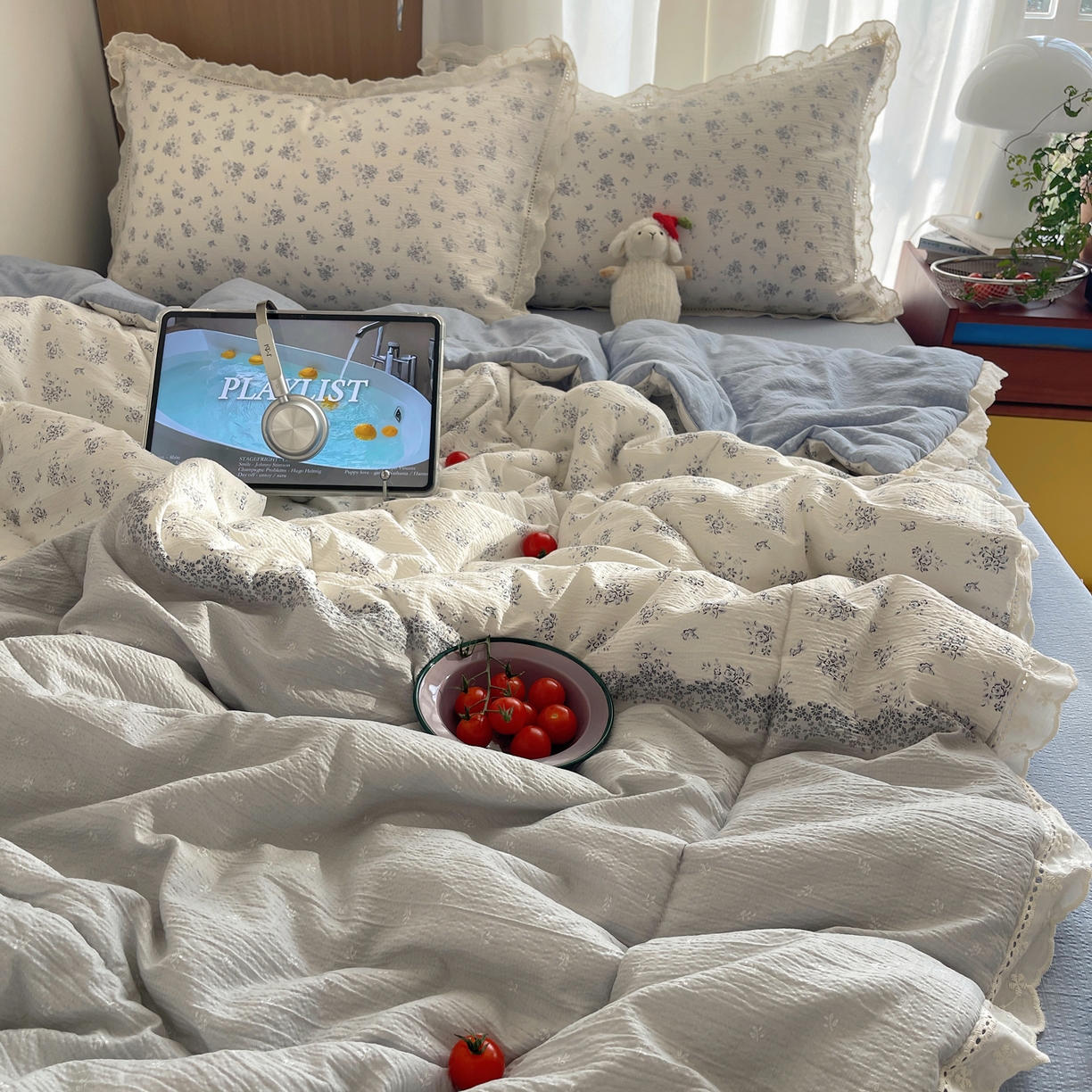 91家纺网 家纺一手货源 找家纺 宝士康家纺 2026新款10A抗菌提花色织花边单夏被/夏被四件套/空调被 蓝芷序