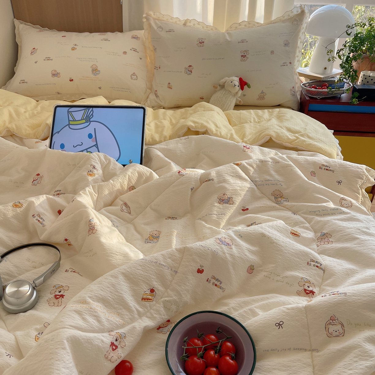 91家纺网 家纺一手货源 找家纺 宝士康家纺 2026新款10A抗菌提花色织花边单夏被/夏被四件套/空调被 奶芙小狗