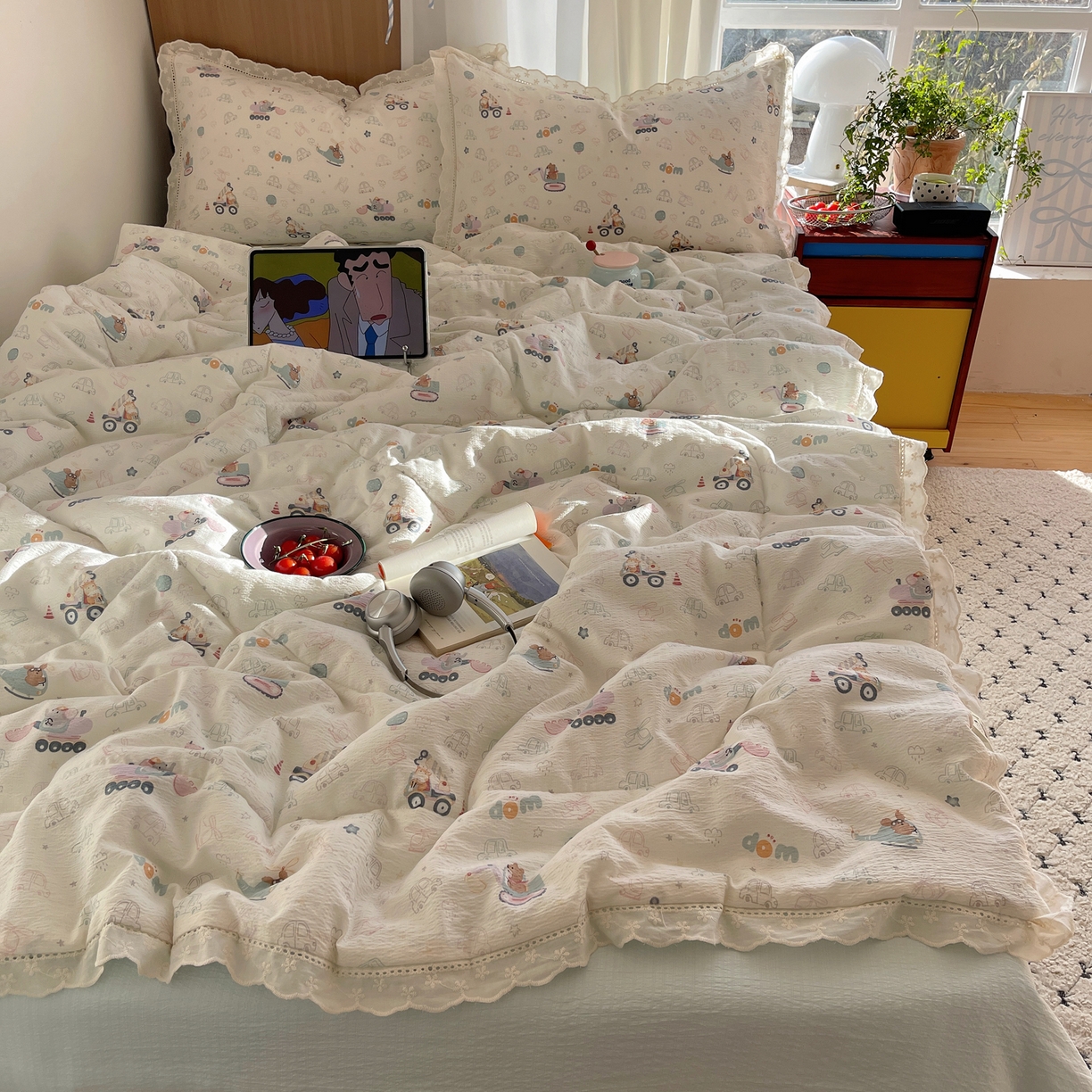 91家纺网 家纺一手货源 找家纺 宝士康家纺 2026新款10A抗菌提花色织花边单夏被/夏被四件套/空调被 象车乐园