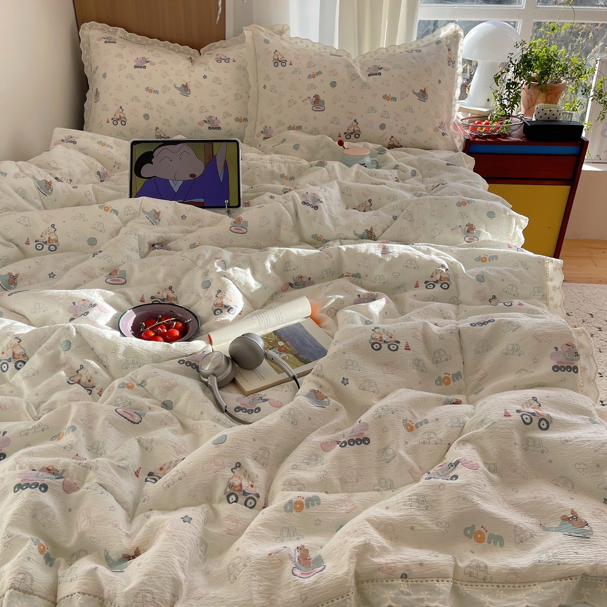 91家纺网 家纺一手货源 找家纺 宝士康家纺 2026新款10A抗菌提花色织花边单夏被/夏被四件套/空调被 象车乐园