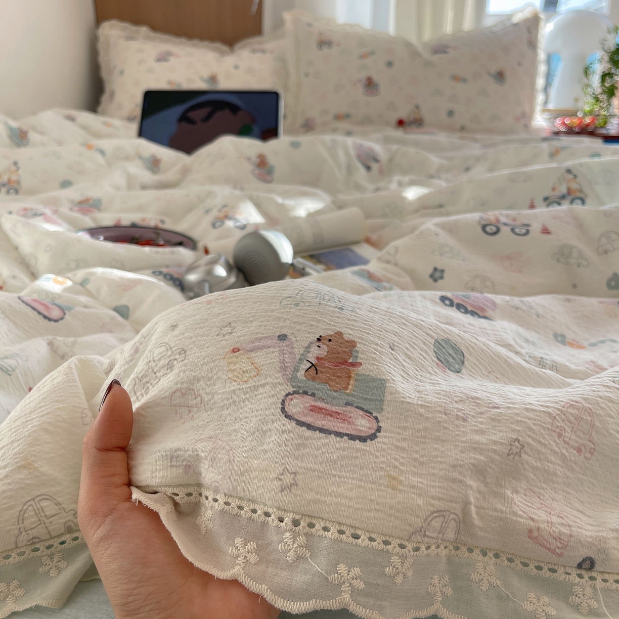 91家纺网 家纺一手货源 找家纺 宝士康家纺 2026新款10A抗菌提花色织花边单夏被/夏被四件套/空调被 象车乐园