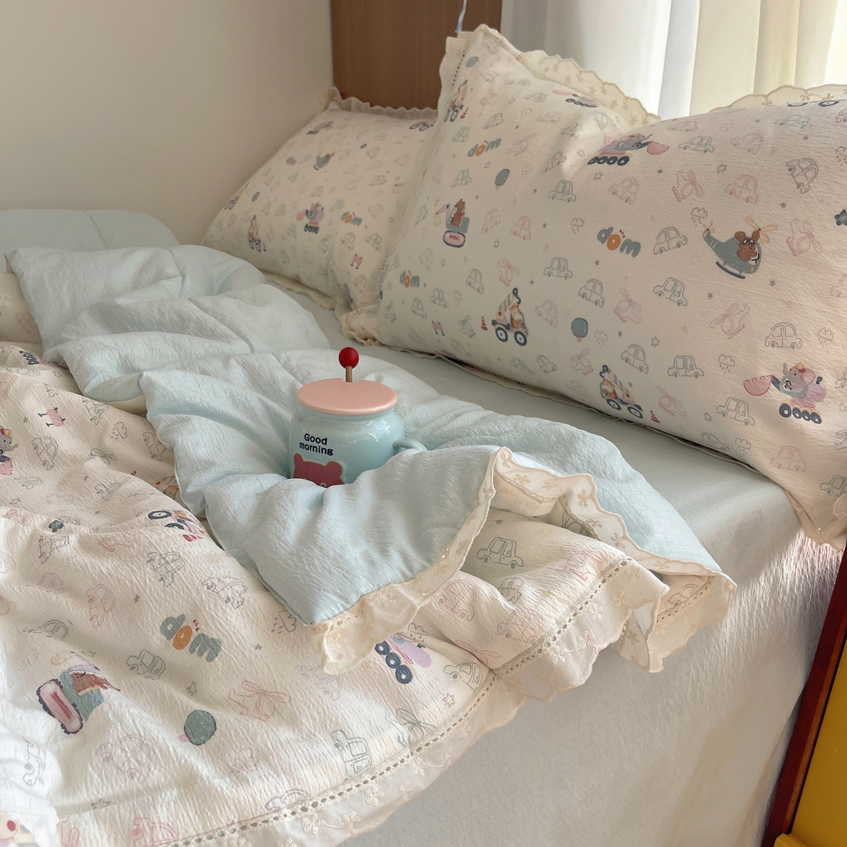 91家纺网 家纺一手货源 找家纺 宝士康家纺 2026新款10A抗菌提花色织花边单夏被/夏被四件套/空调被 象车乐园