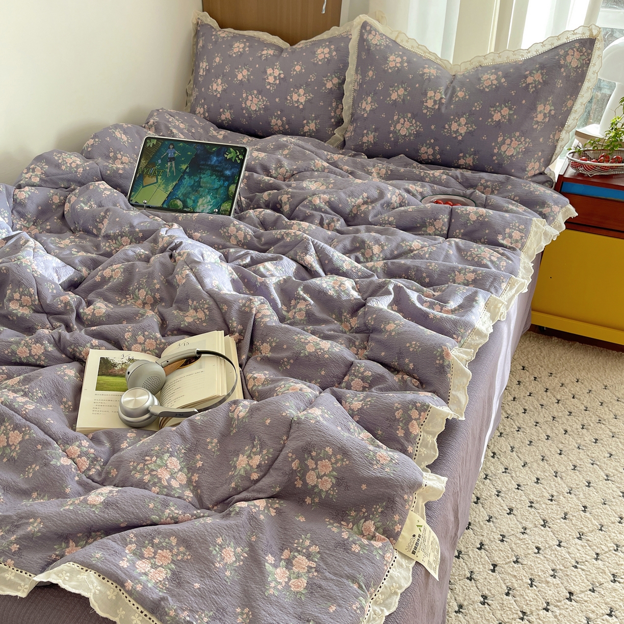 91家纺网 家纺一手货源 找家纺 宝士康家纺 2026新款10A抗菌提花色织花边单夏被/夏被四件套/空调被 樱落紫