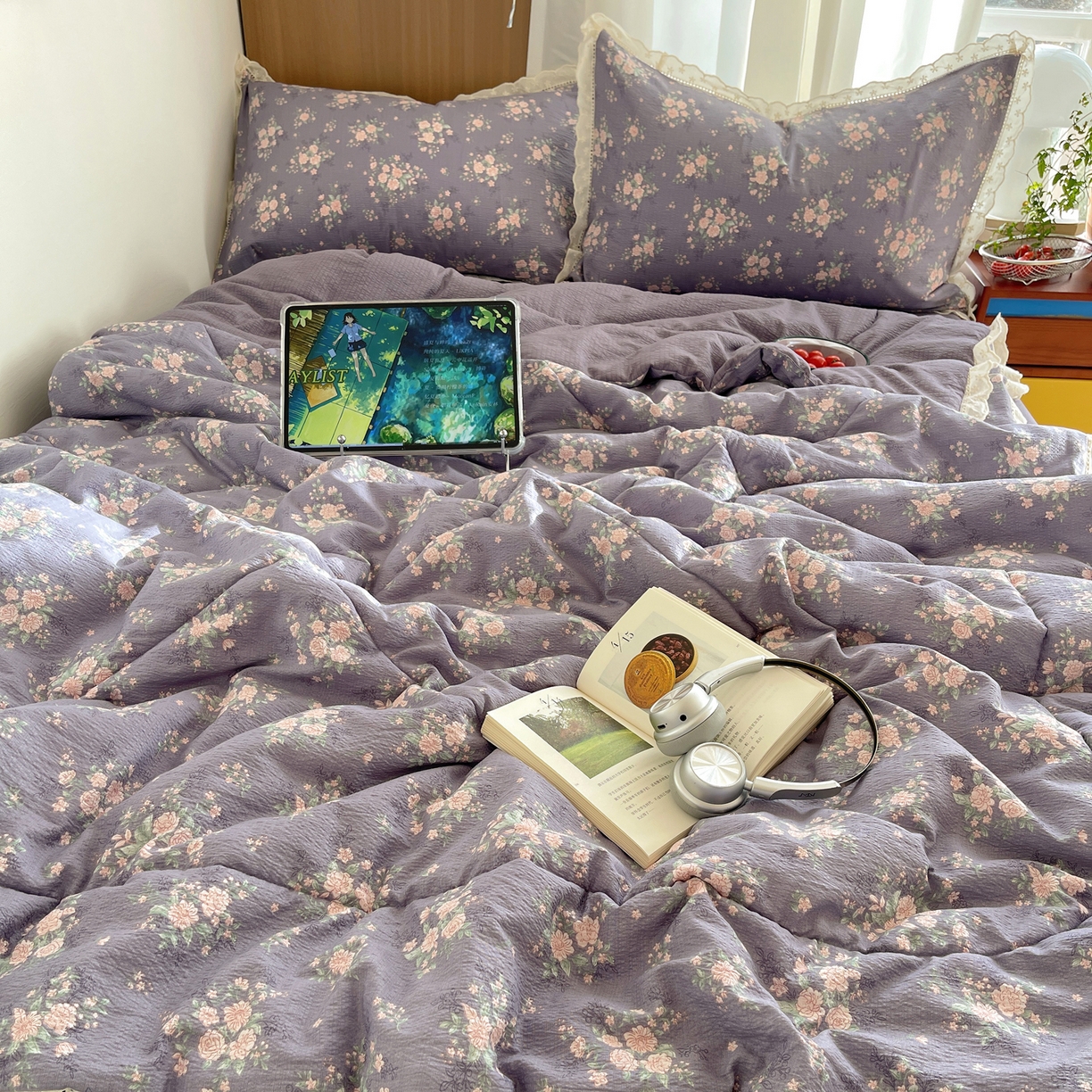 91家纺网 家纺一手货源 找家纺 宝士康家纺 2026新款10A抗菌提花色织花边单夏被/夏被四件套/空调被 樱落紫