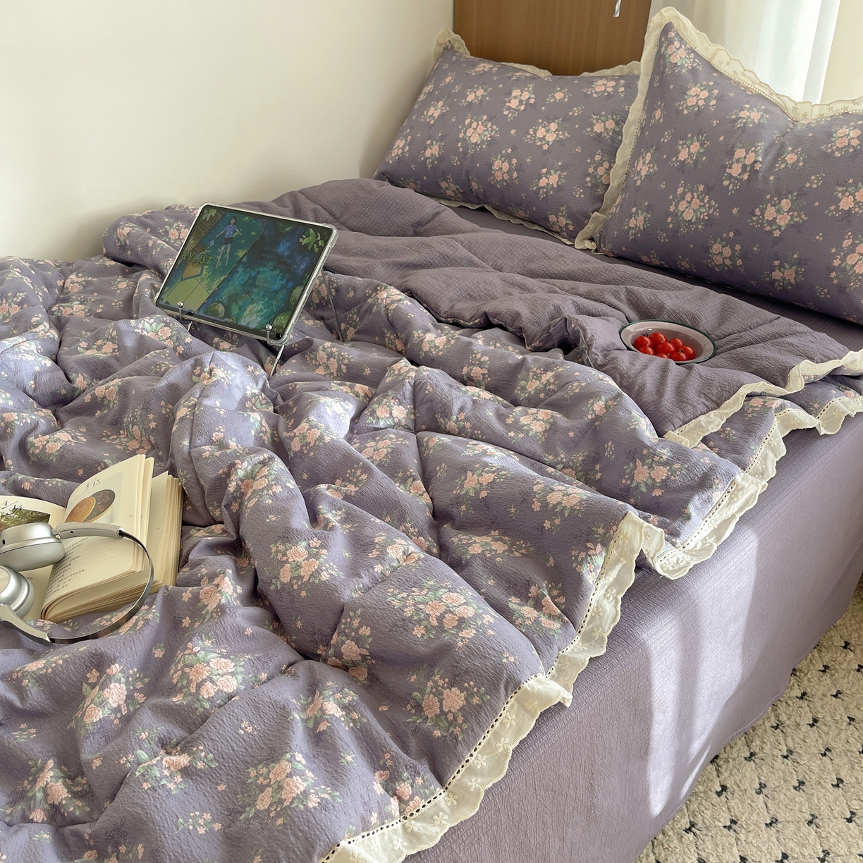 91家纺网 家纺一手货源 找家纺 宝士康家纺 2026新款10A抗菌提花色织花边单夏被/夏被四件套/空调被 樱落紫