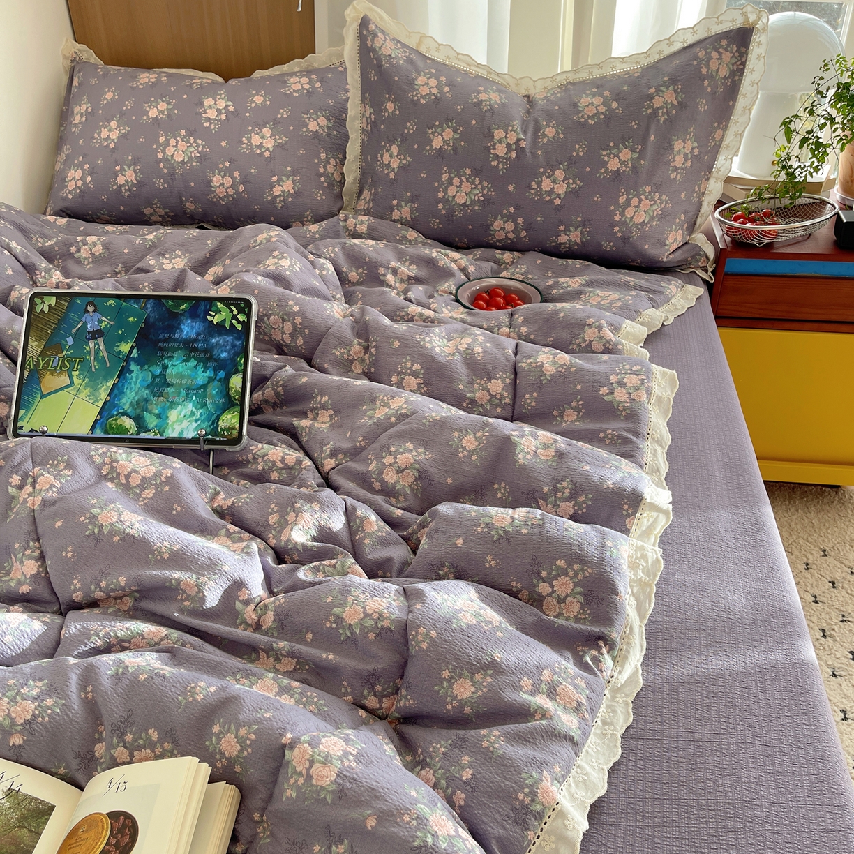 91家纺网 家纺一手货源 找家纺 宝士康家纺 2026新款10A抗菌提花色织花边单夏被/夏被四件套/空调被 樱落紫